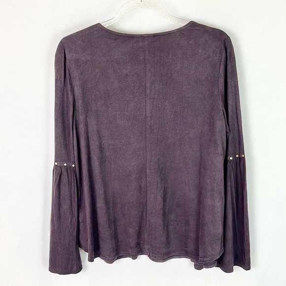STYLE & CO |💜Dark Raisin Purple Faux Suede Bell Sleeves V-Neck Boho Blouse Top - Picture 5 of 11